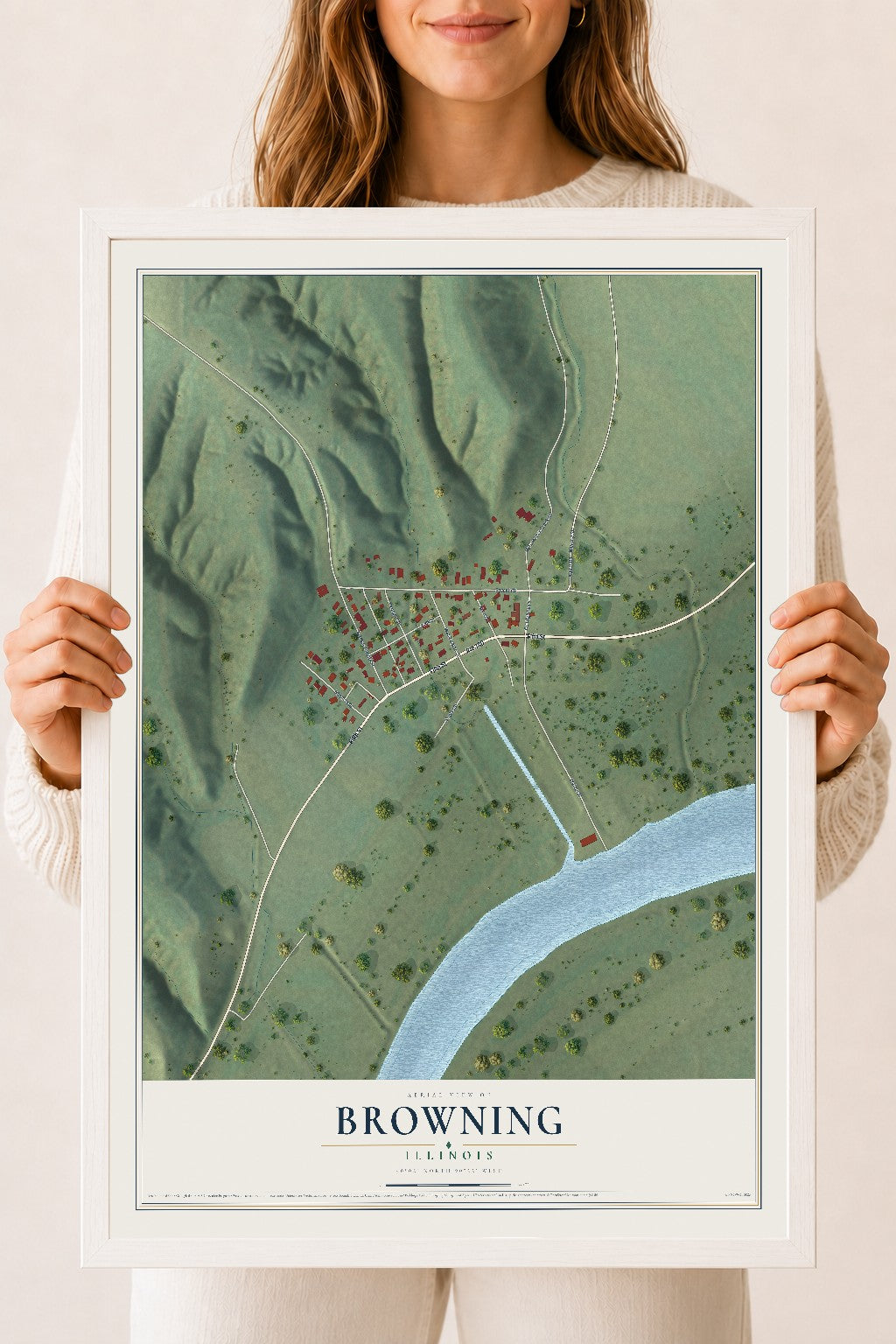 Map of Browning, Illinois, 18 x 24 inch print in a white wood frame