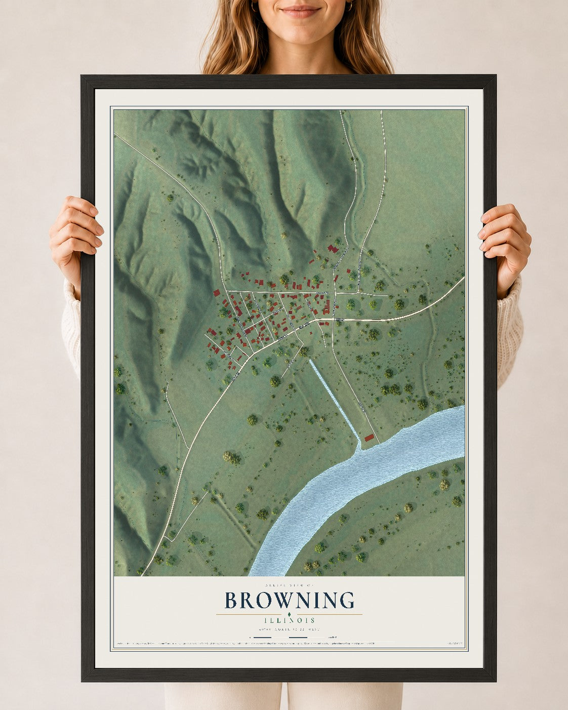 Map of Browning, Illinois, 24 x 36 inch print in a black wood frame