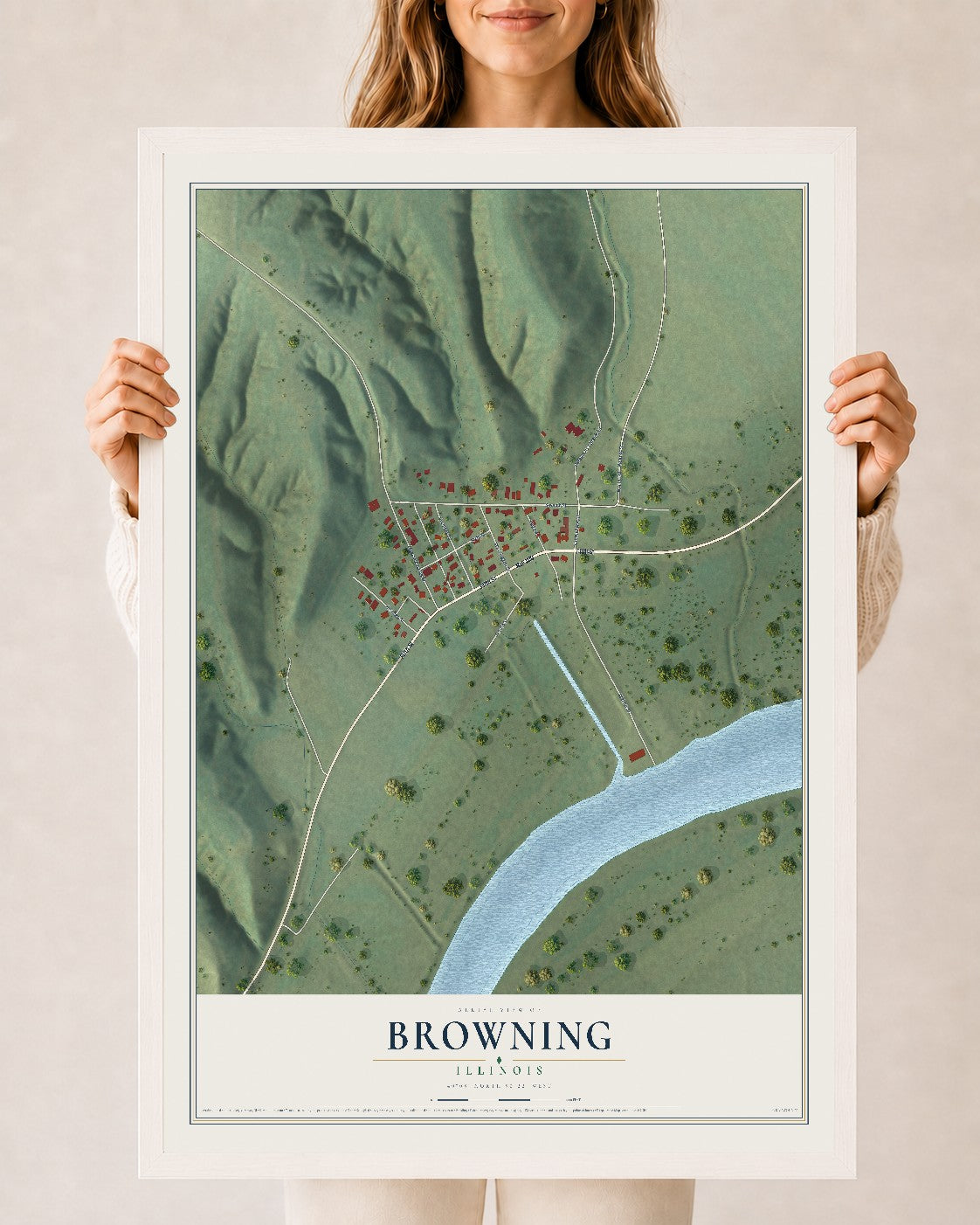 Map of Browning, Illinois, 24 x 36 inch print in a white wood frame
