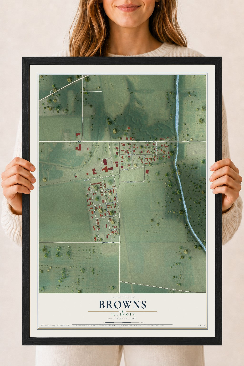 Map of Browns, Illinois, 18 x 24 inch print in a black wood frame
