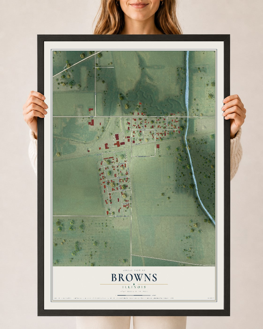 Map of Browns, Illinois, 24 x 36 inch print in a black wood frame