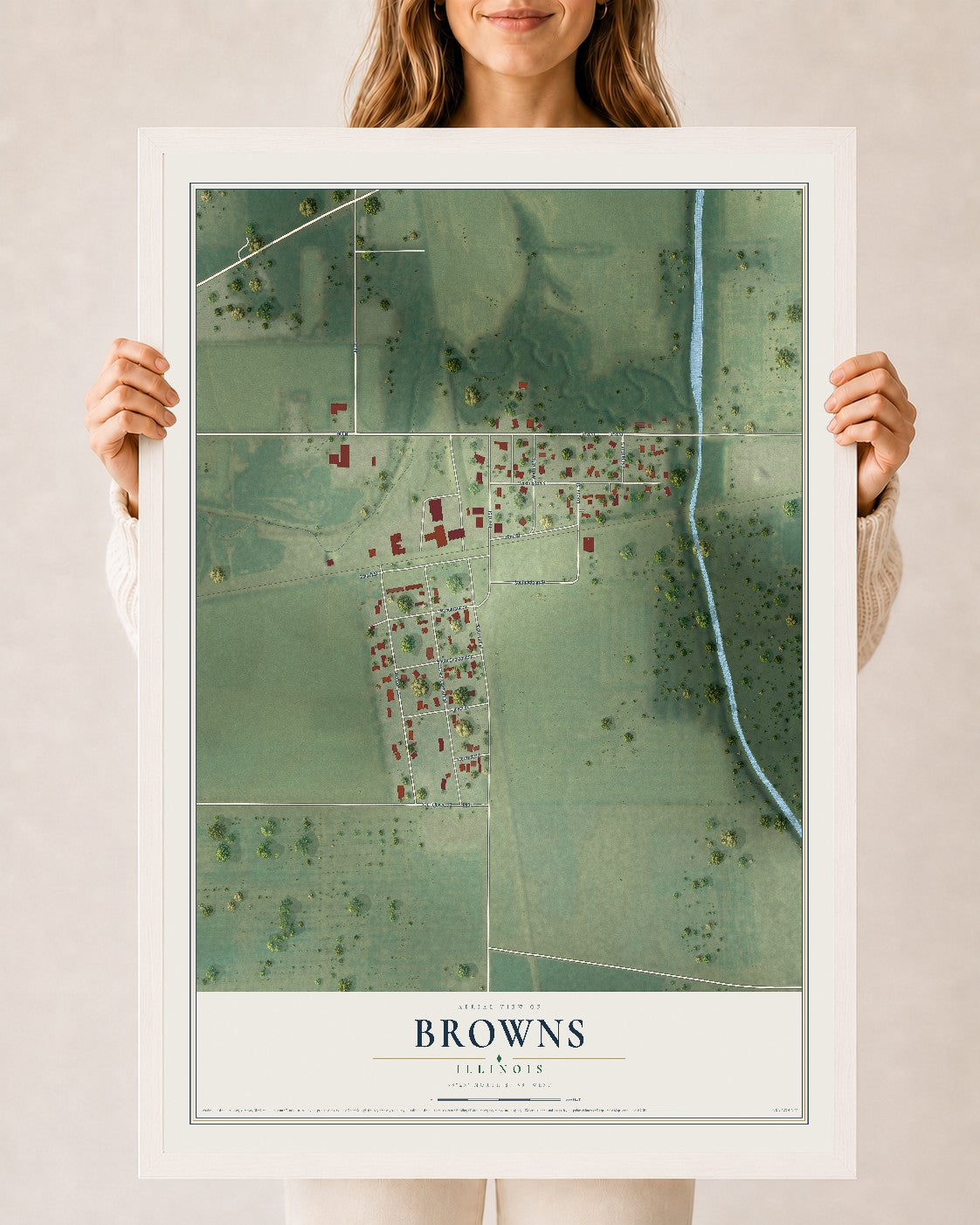 Map of Browns, Illinois, 24 x 36 inch print in a white wood frame