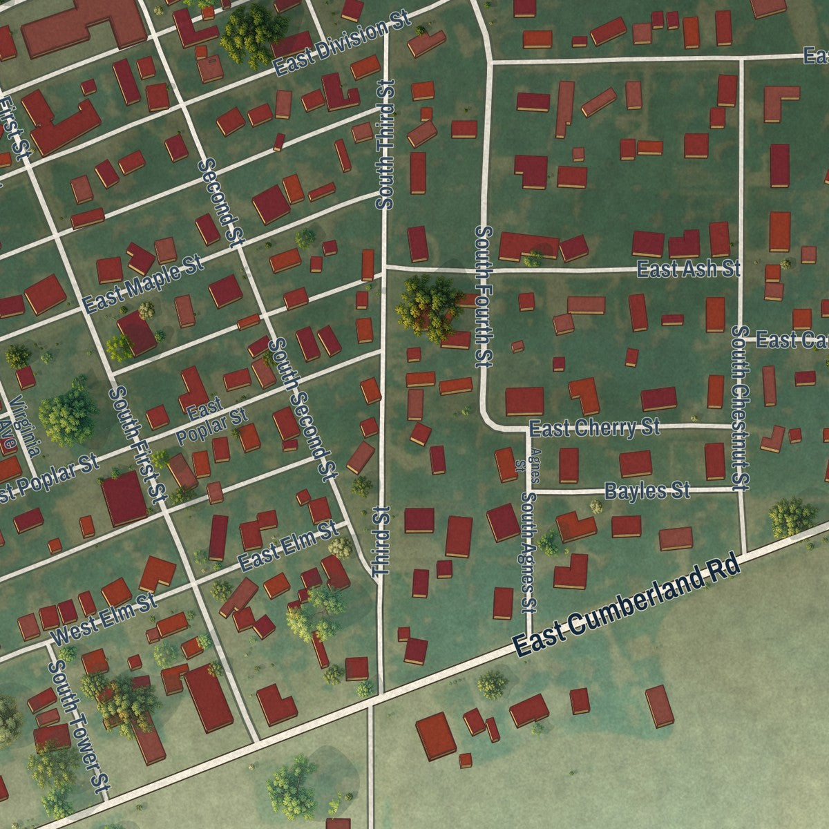 Close-up of the map of Brownstown, Illinois print showing street and building detail