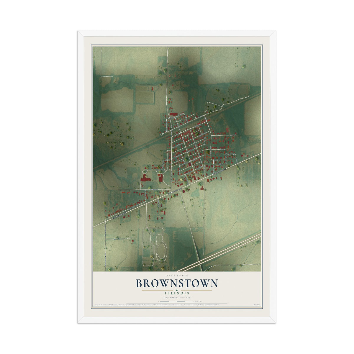 Map of Brownstown, Illinois, 12 x 18 inch print in a white wood frame