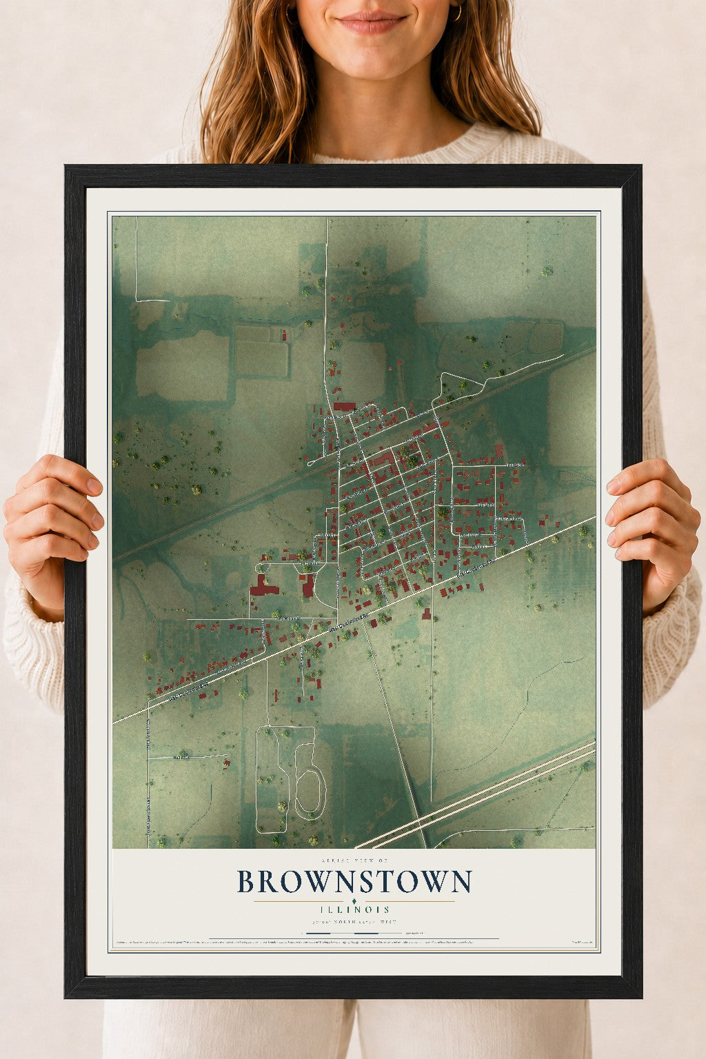 Map of Brownstown, Illinois, 18 x 24 inch print in a black wood frame