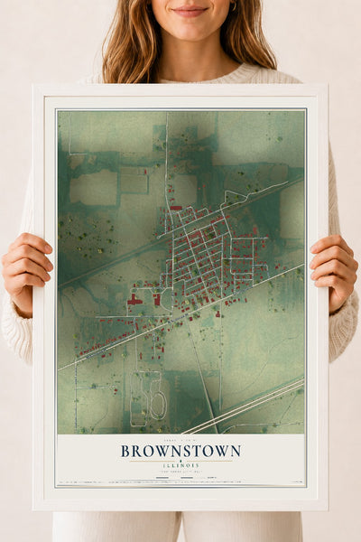 Map of Brownstown, Illinois, 18 x 24 inch print in a white wood frame