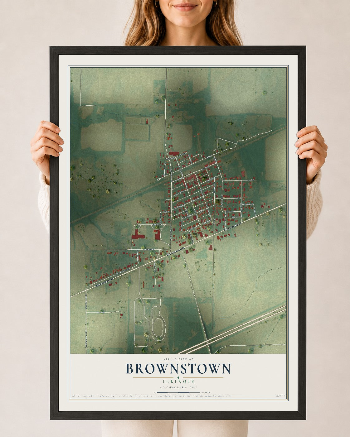Map of Brownstown, Illinois, 24 x 36 inch print in a black wood frame