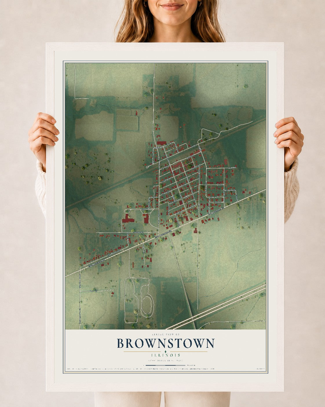 Map of Brownstown, Illinois, 24 x 36 inch print in a white wood frame