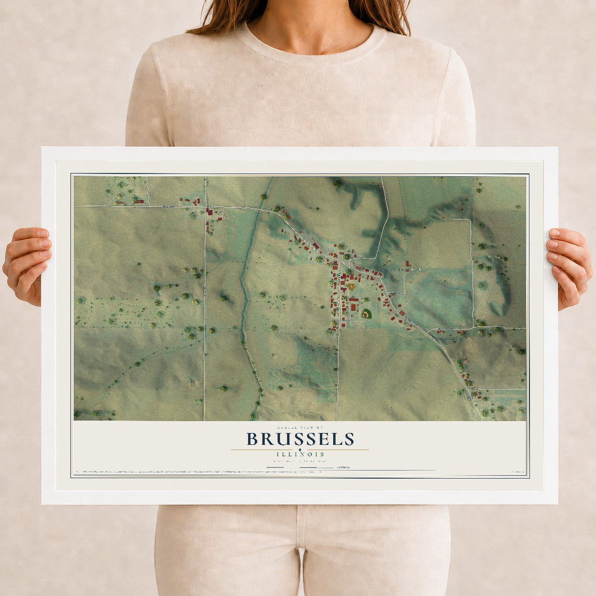 Map of Brussels, Illinois, 12 x 18 inch print in a white wood frame