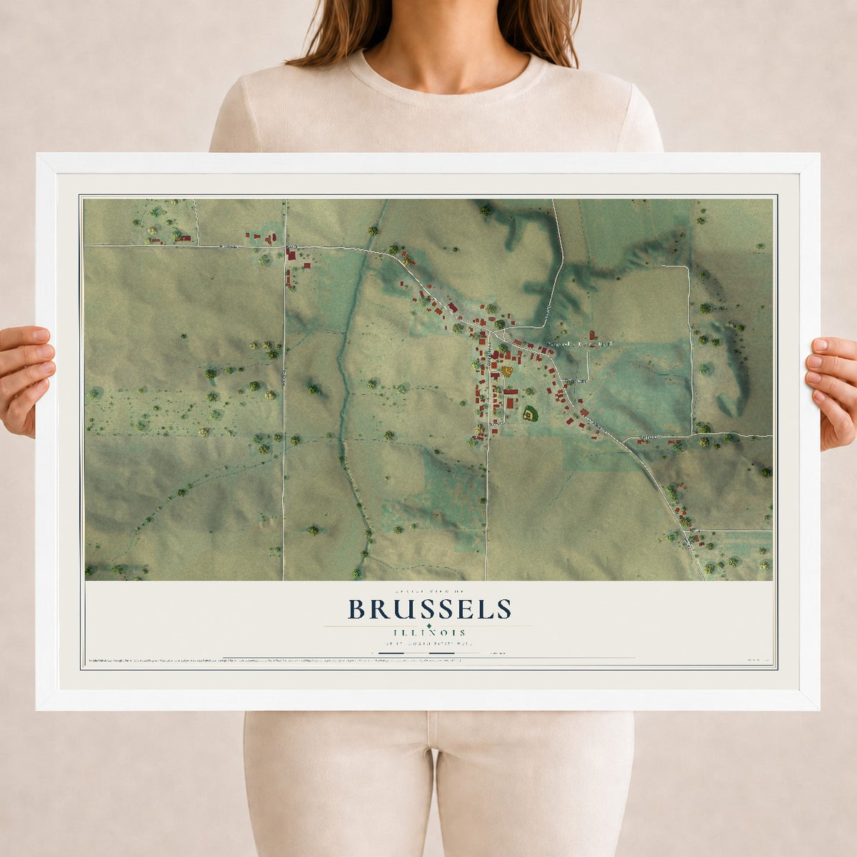 Map of Brussels, Illinois, 18 x 24 inch print in a white wood frame