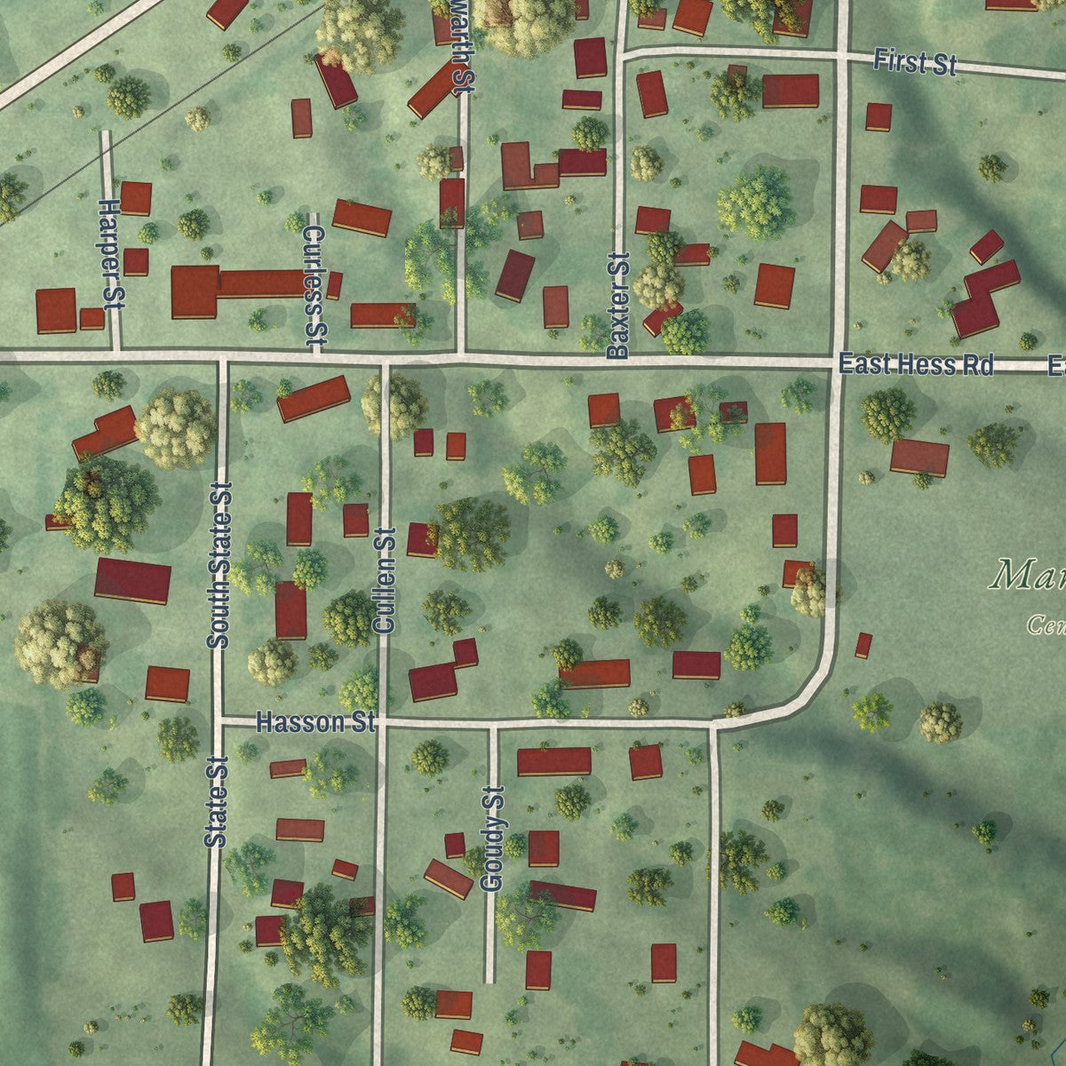 Close-up of the map of Bryant, Illinois print showing street and building detail