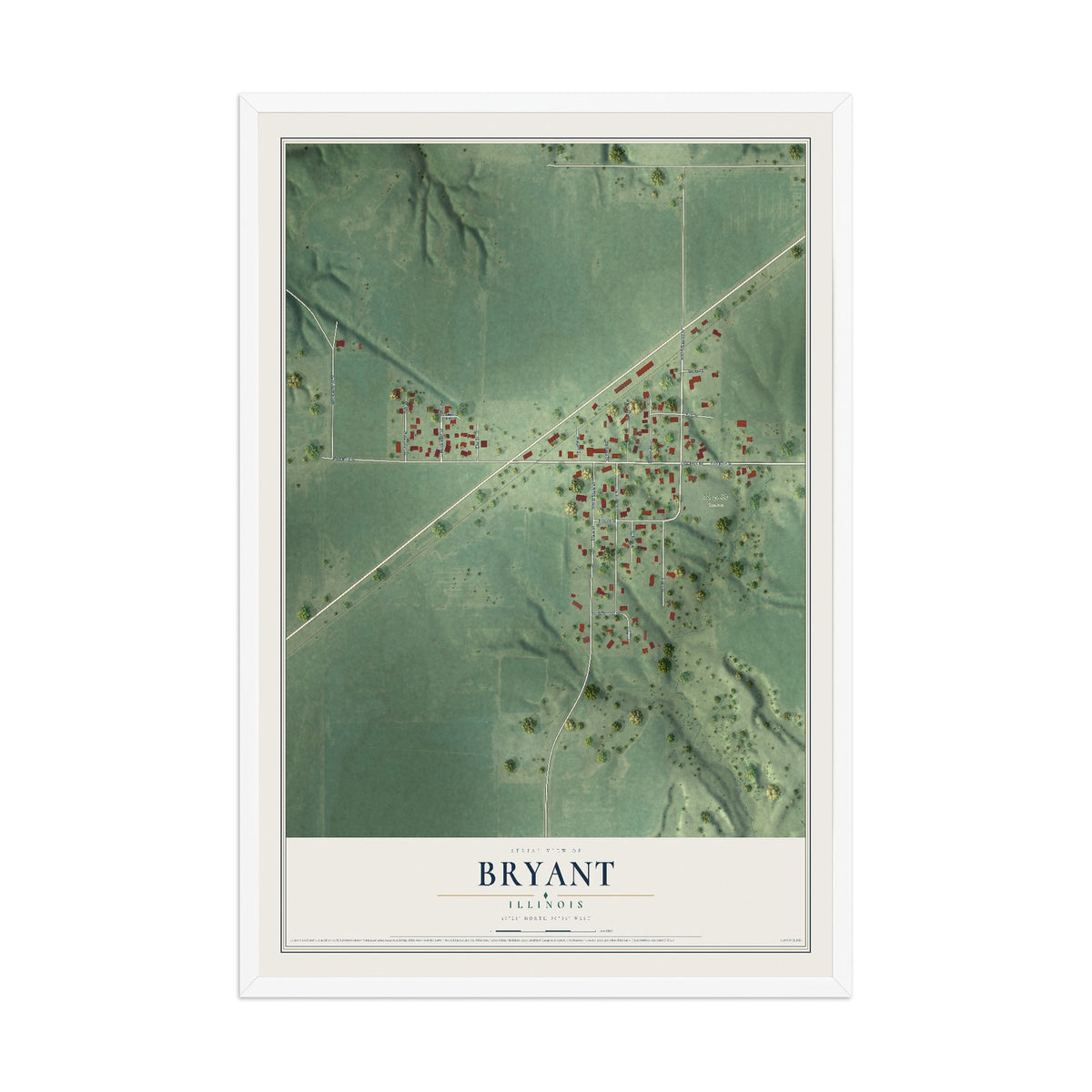 Map of Bryant, Illinois, 12 x 18 inch print in a white wood frame