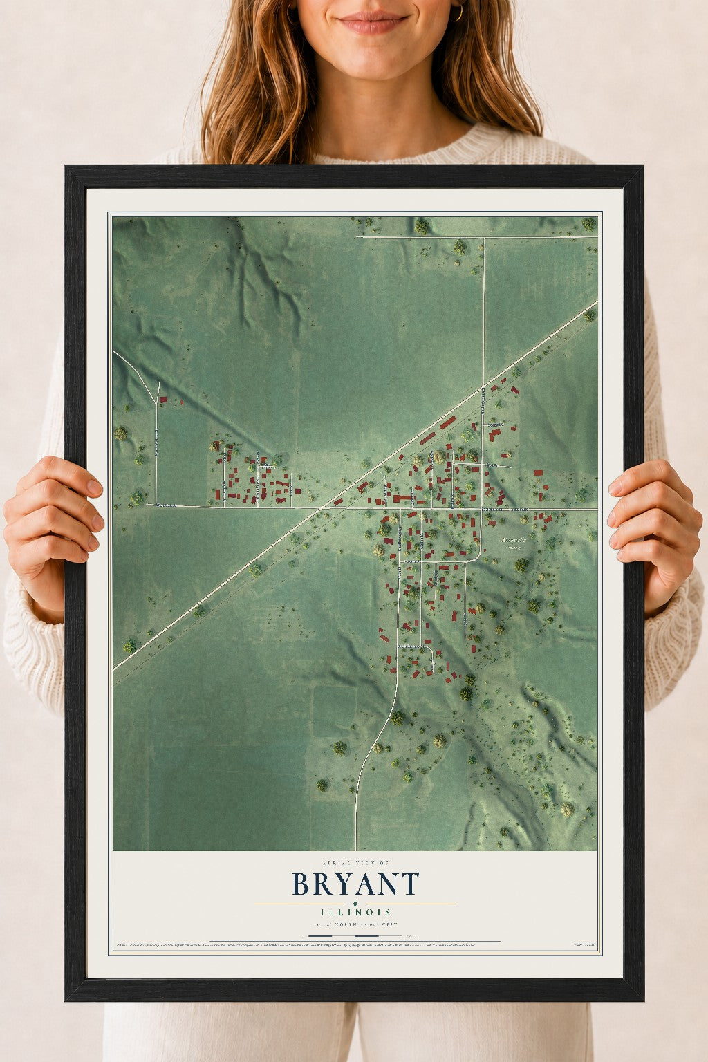 Map of Bryant, Illinois, 18 x 24 inch print in a black wood frame
