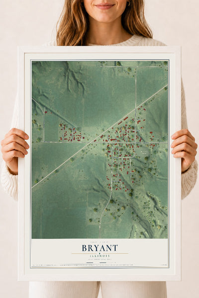 Map of Bryant, Illinois, 18 x 24 inch print in a white wood frame