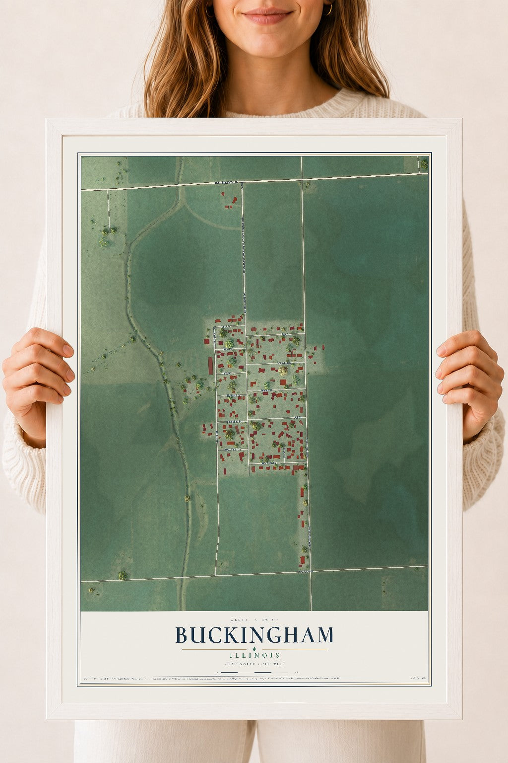 Map of Buckingham, Illinois, 18 x 24 inch print in a white wood frame