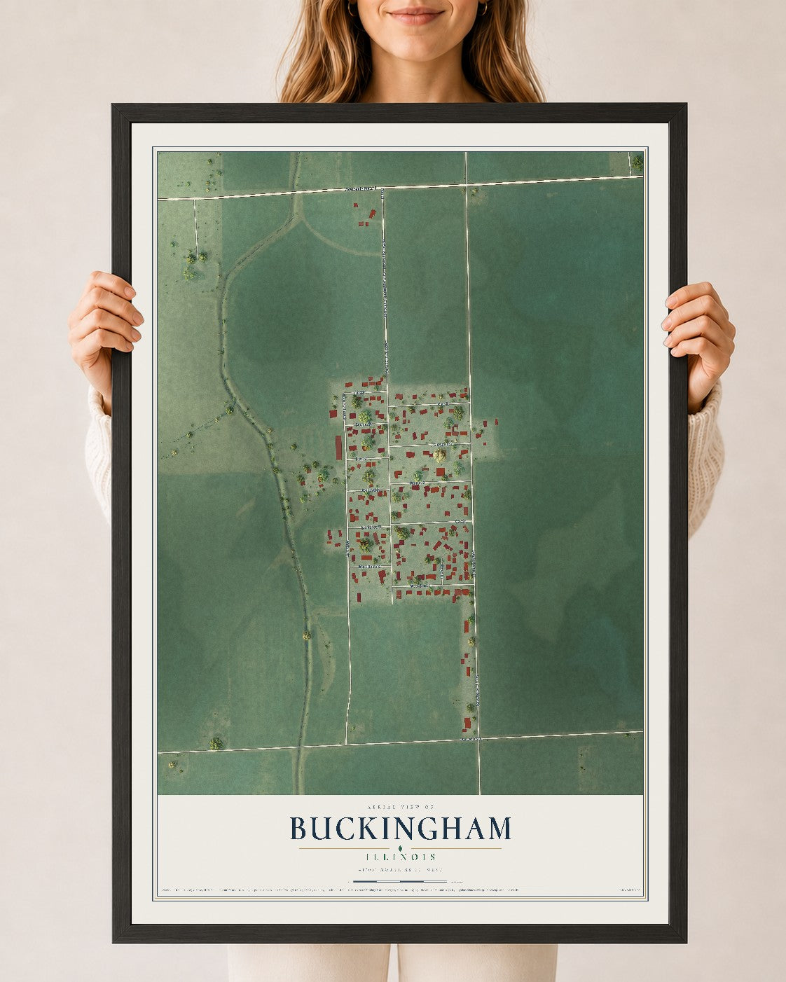 Map of Buckingham, Illinois, 24 x 36 inch print in a black wood frame