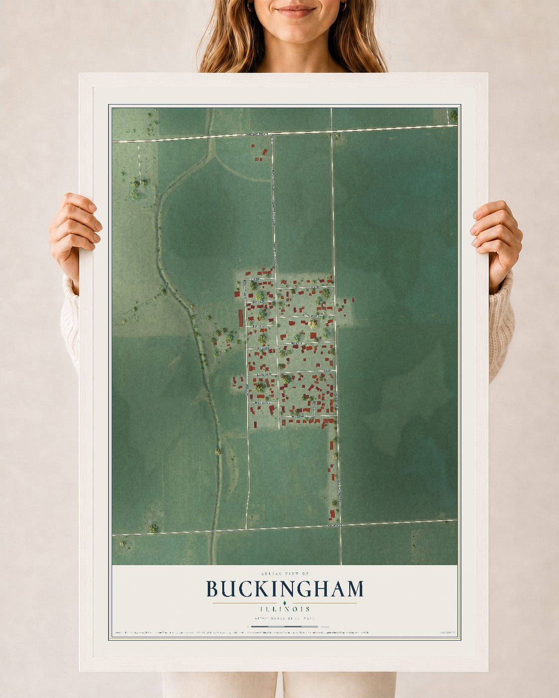 Map of Buckingham, Illinois, 24 x 36 inch print in a white wood frame