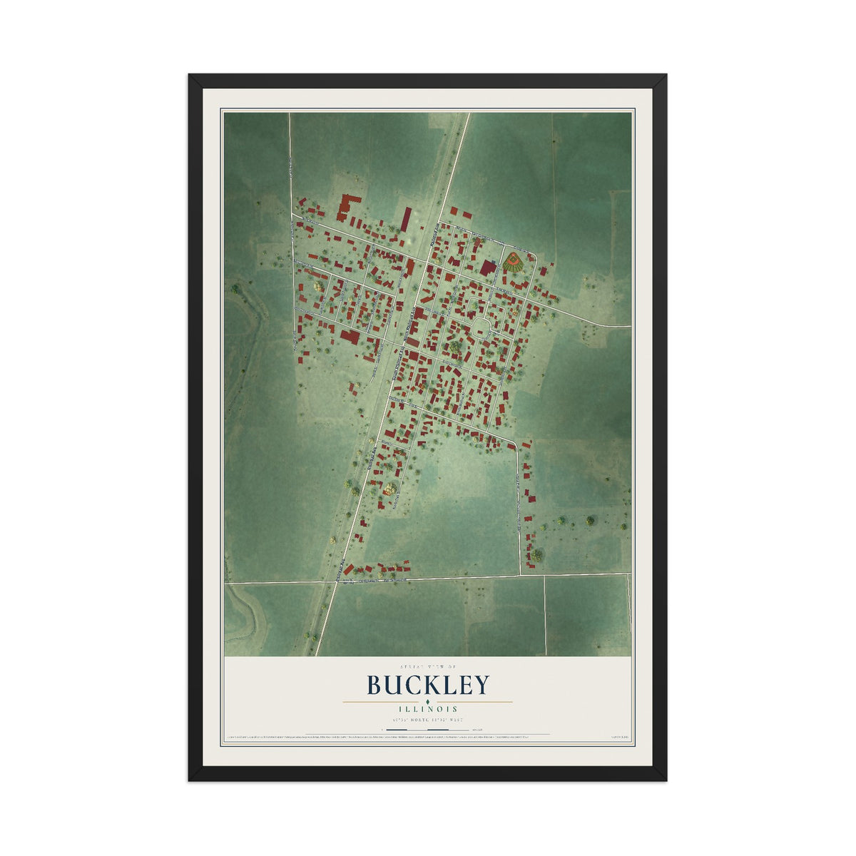 Map of Buckley, Illinois, 12 x 18 inch print in a black wood frame