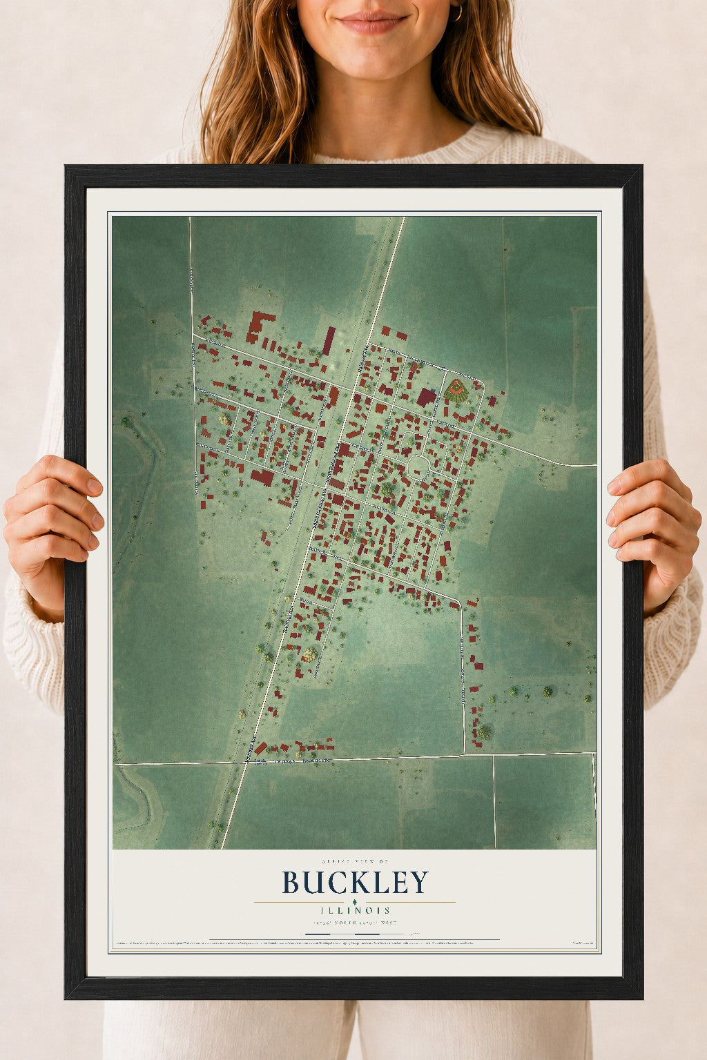 Map of Buckley, Illinois, 18 x 24 inch print in a black wood frame