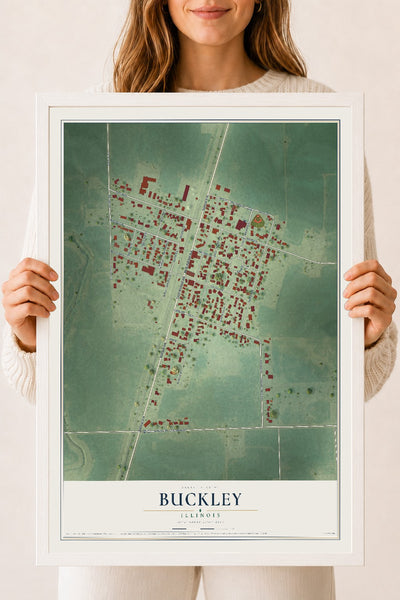 Map of Buckley, Illinois, 18 x 24 inch print in a white wood frame
