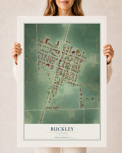 Map of Buckley, Illinois, 24 x 36 inch print in a white wood frame