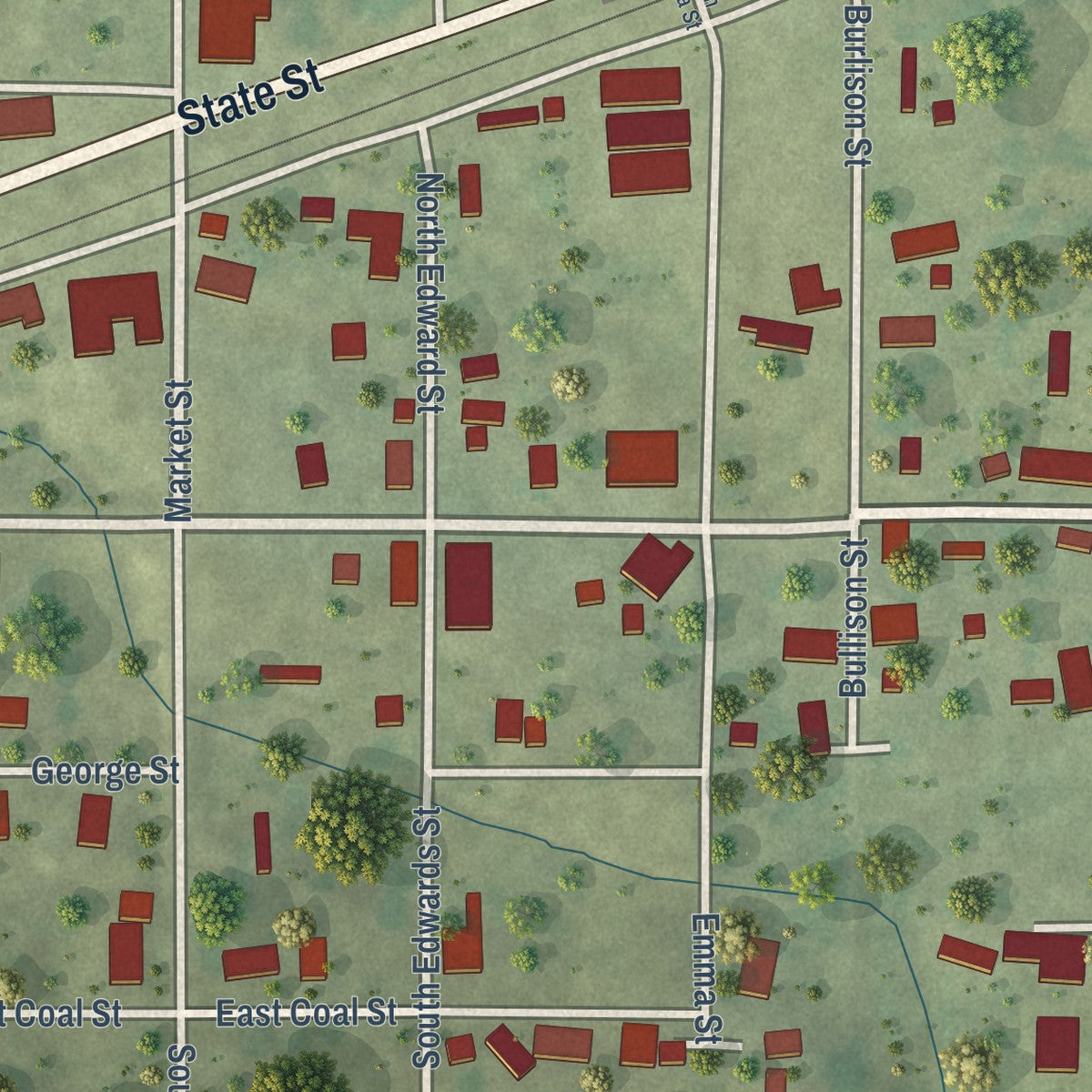 Close-up of the map of Buckner, Illinois print showing street and building detail
