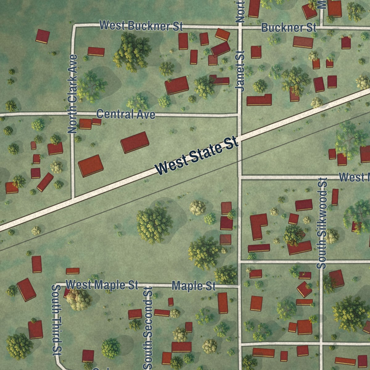 Second close-up of the map of Buckner, Illinois print showing more streets and buildings