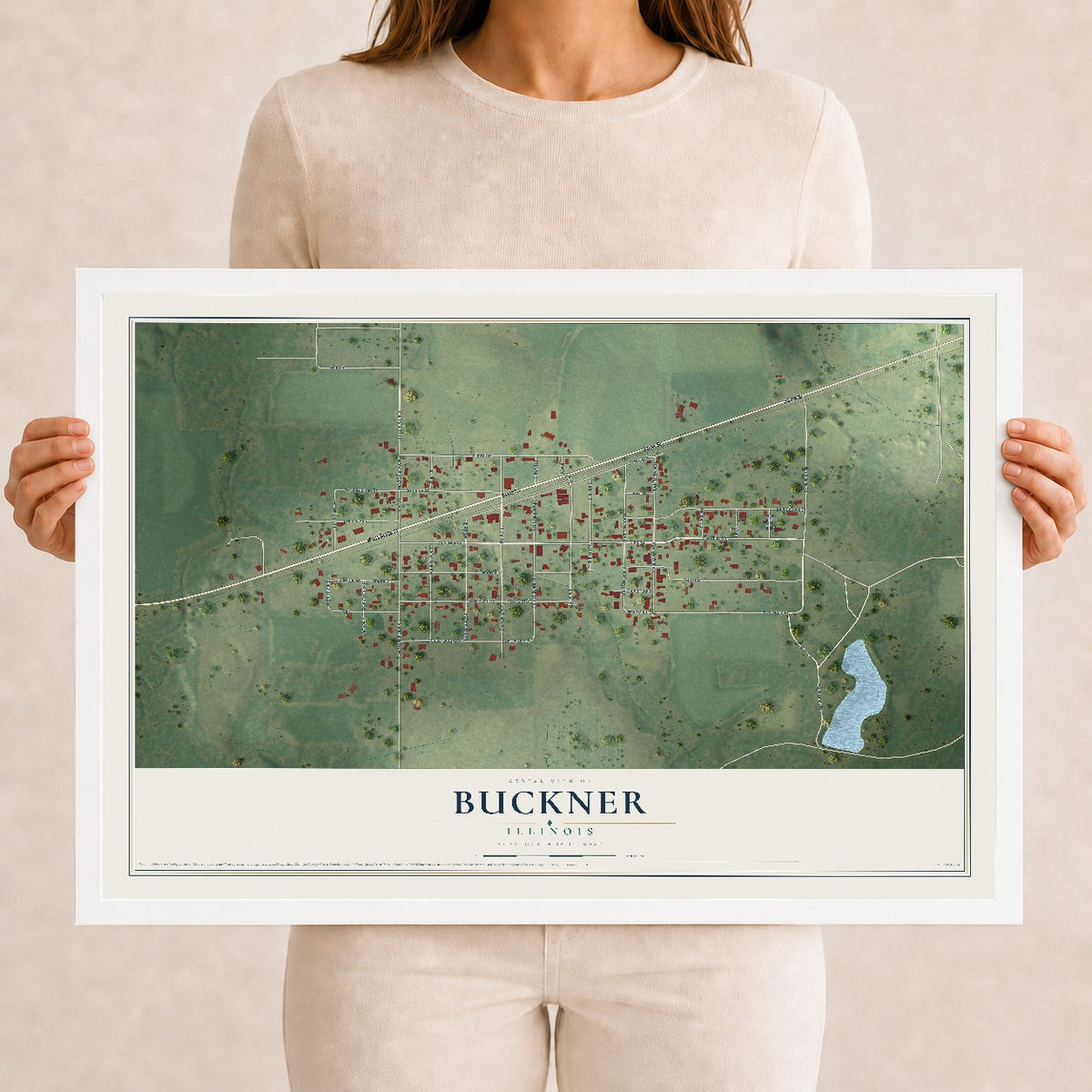 Map of Buckner, Illinois, 12 x 18 inch print in a white wood frame