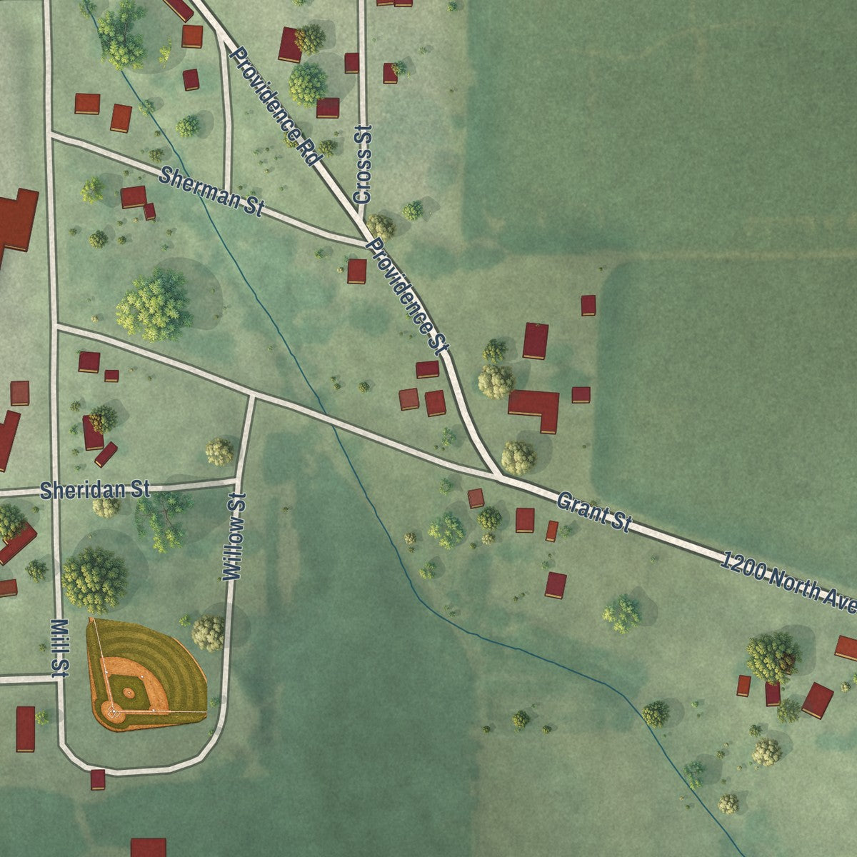 Second close-up of the map of Buda, Illinois print showing more streets and buildings