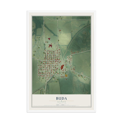 Map of Buda, Illinois, 12 x 18 inch print in a white wood frame