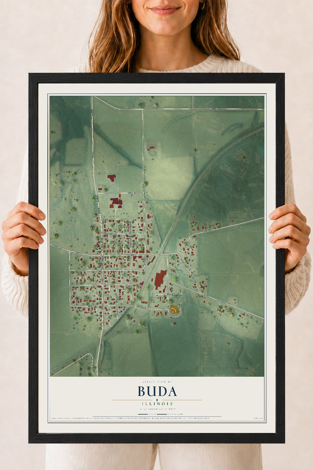 Map of Buda, Illinois, 18 x 24 inch print in a black wood frame