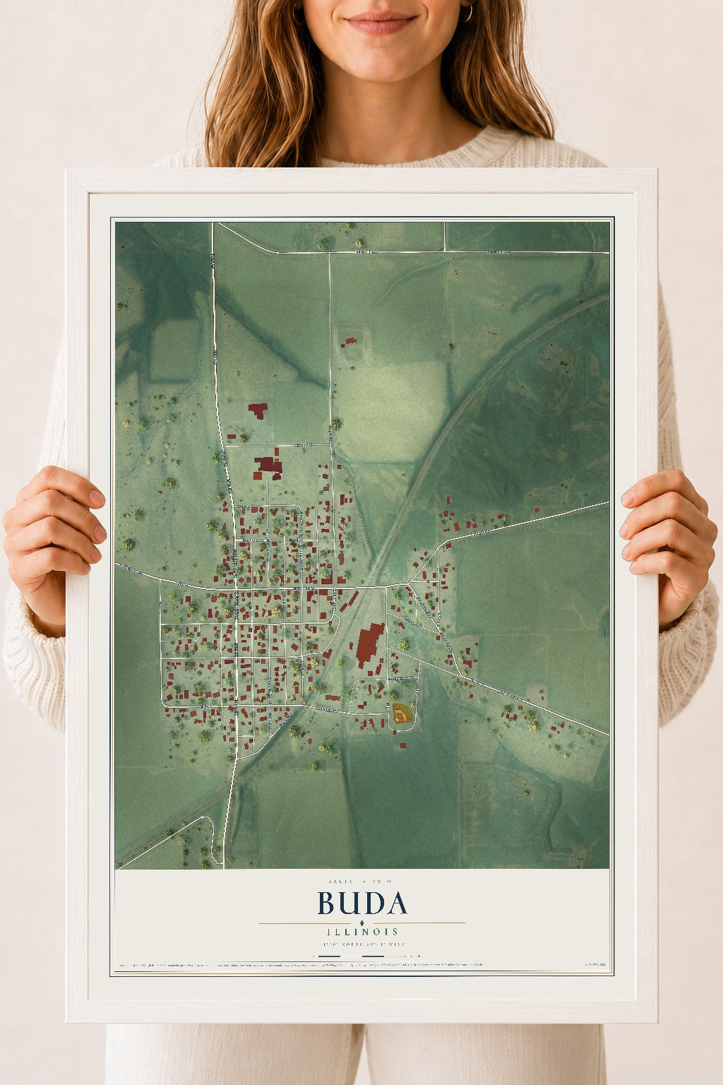 Map of Buda, Illinois, 18 x 24 inch print in a white wood frame