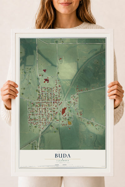 Map of Buda, Illinois, 18 x 24 inch print in a white wood frame