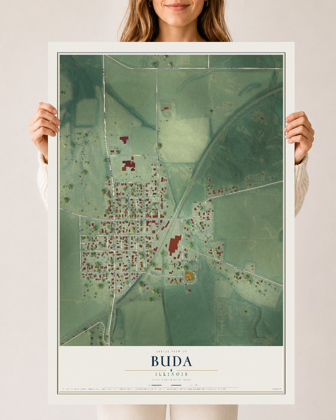 Map of Buda, Illinois, 24 x 36 inch unframed archival matte print