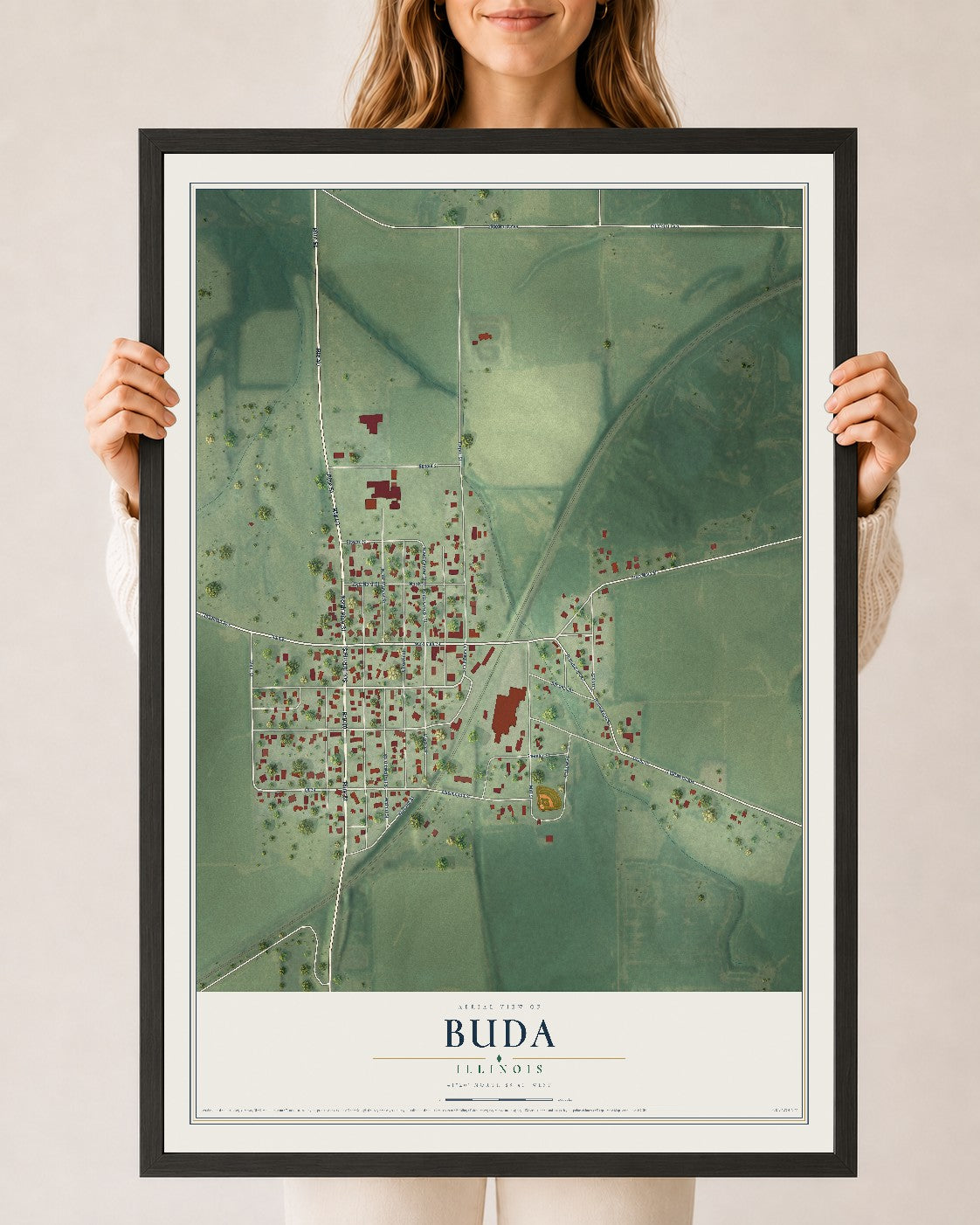 Map of Buda, Illinois, 24 x 36 inch print in a black wood frame