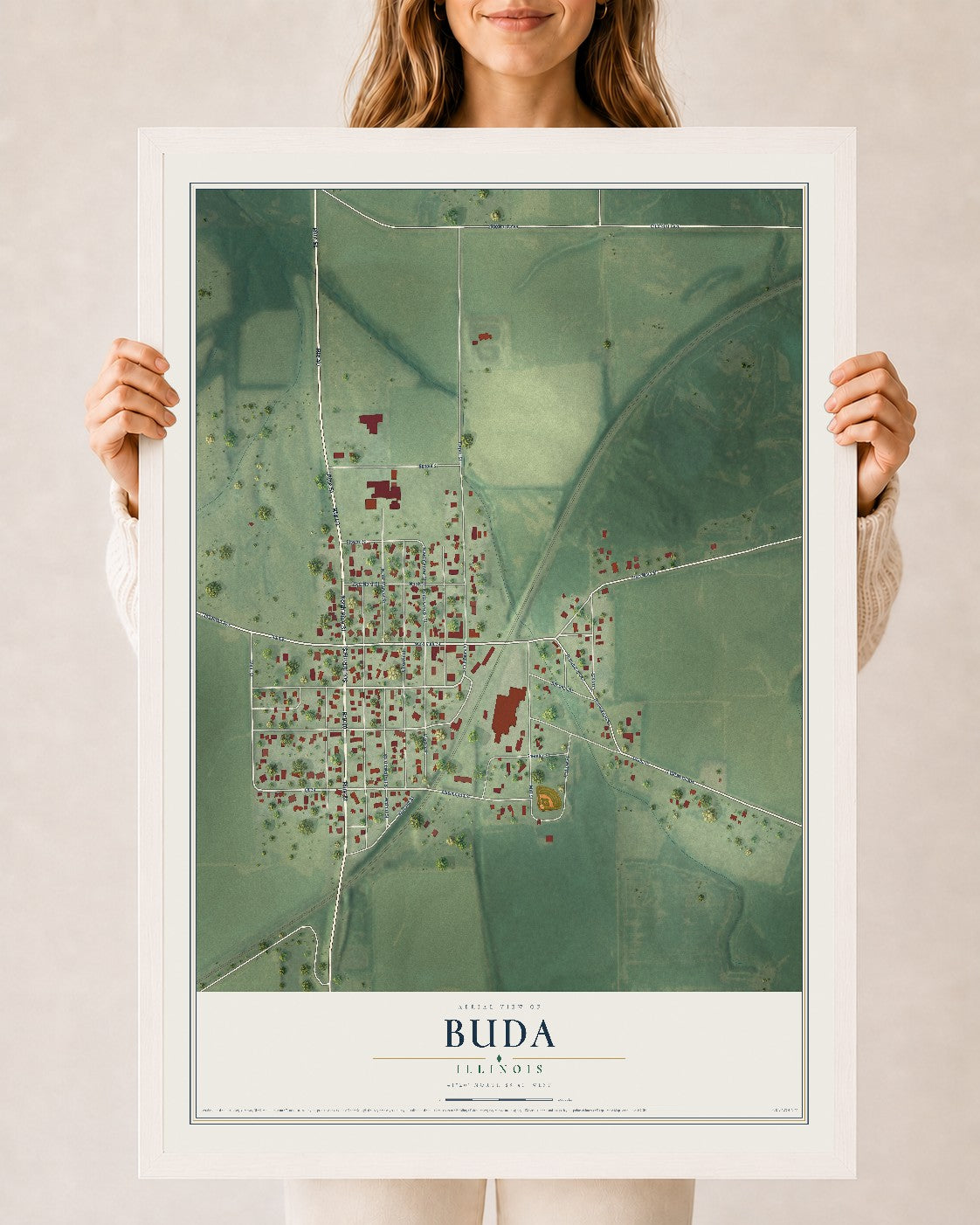 Map of Buda, Illinois, 24 x 36 inch print in a white wood frame