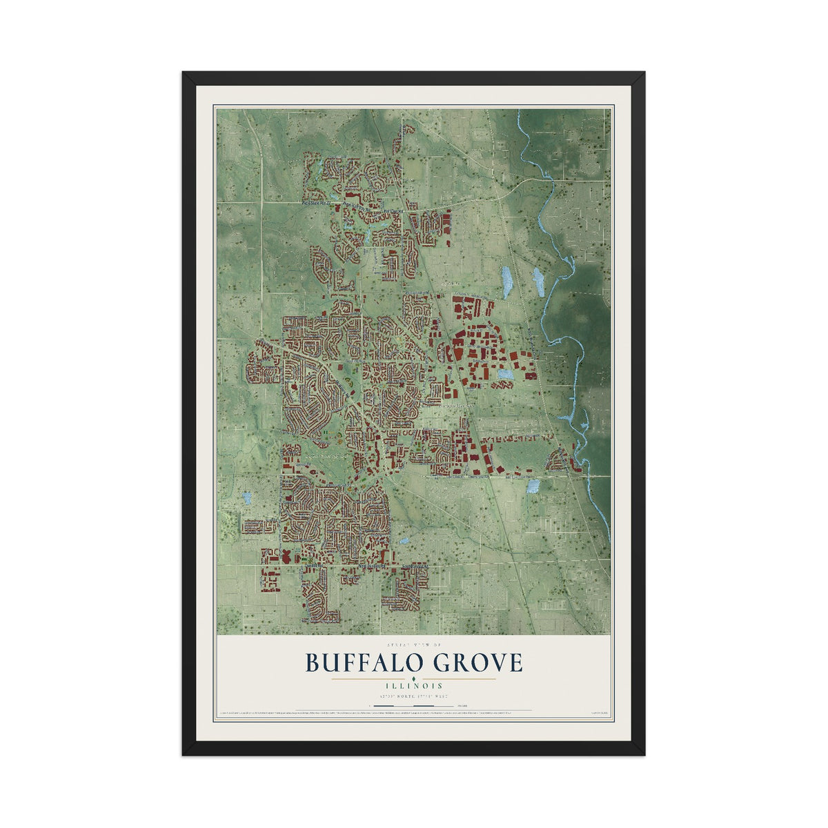 Map of Buffalo Grove, Illinois, 12 x 18 inch print in a black wood frame