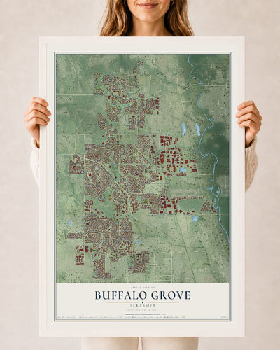 Map of Buffalo Grove, Illinois, 24 x 36 inch print in a white wood frame
