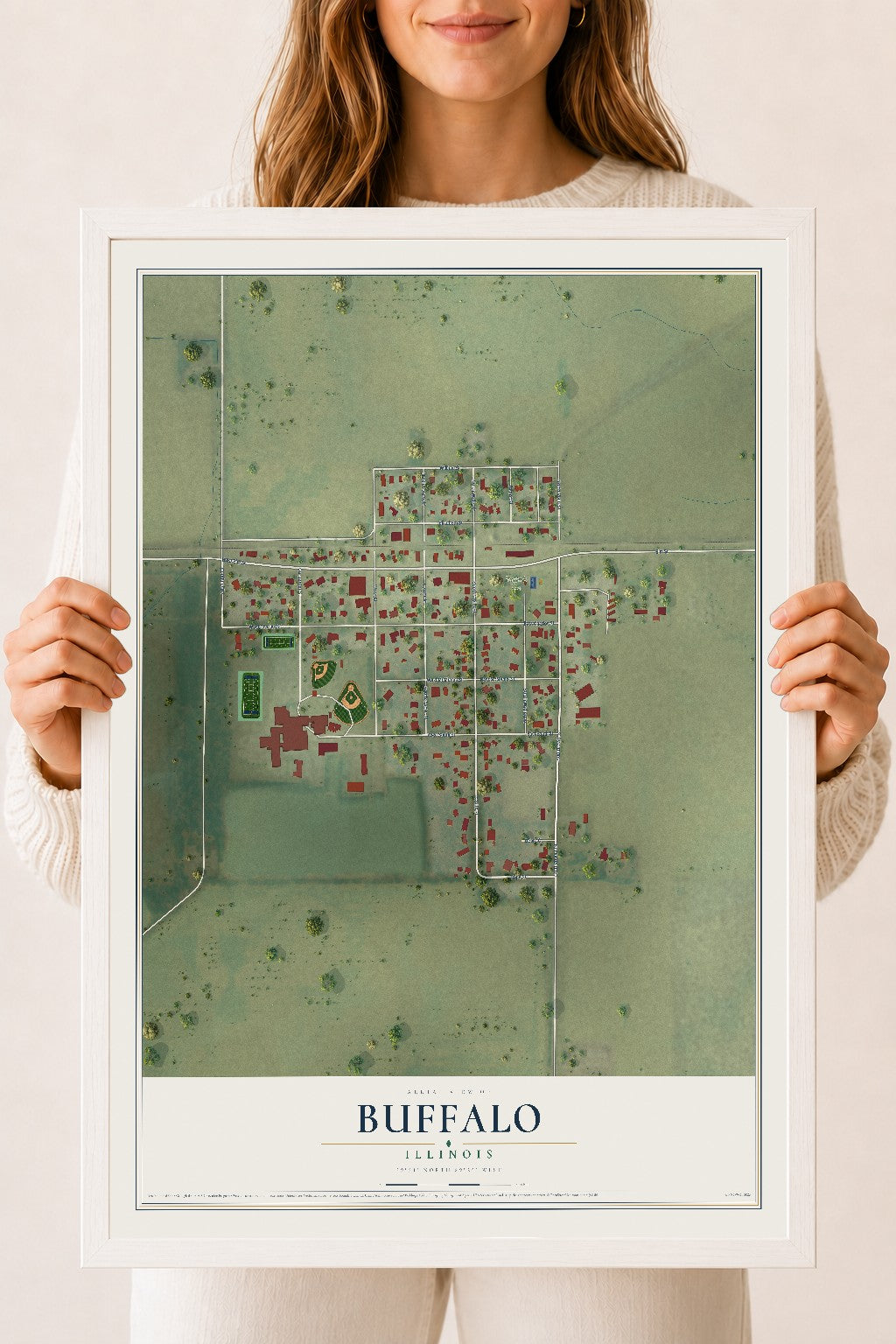 Map of Buffalo, Illinois, 18 x 24 inch print in a white wood frame