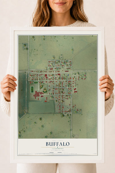 Map of Buffalo, Illinois, 18 x 24 inch print in a white wood frame