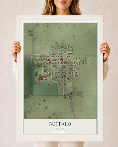 Map of Buffalo, Illinois, 24 x 36 inch print in a white wood frame