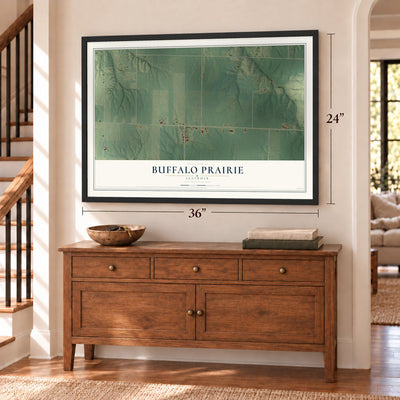 Buffalo Prairie, Illinois map, 24 x 36 inch print in a black frame above a dresser by a staircase