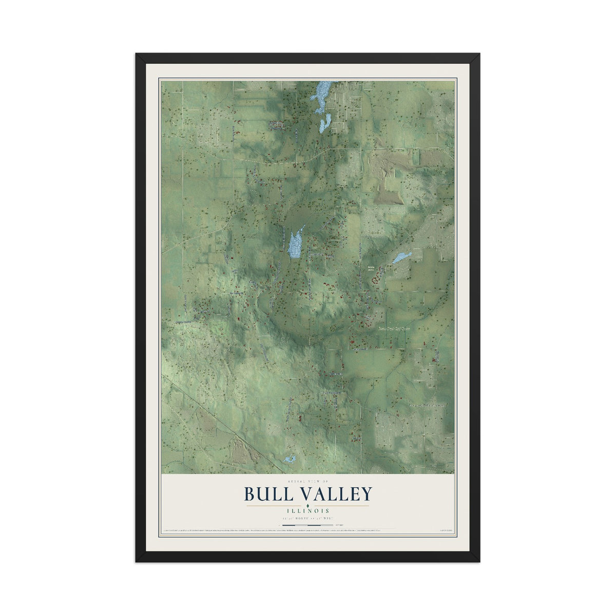 Map of Bull Valley, Illinois, 12 x 18 inch print in a black wood frame