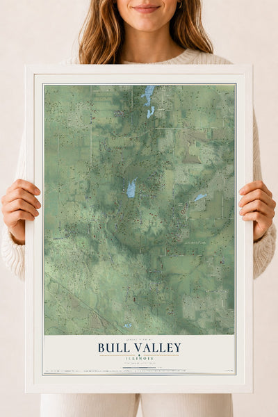 Map of Bull Valley, Illinois, 18 x 24 inch print in a white wood frame