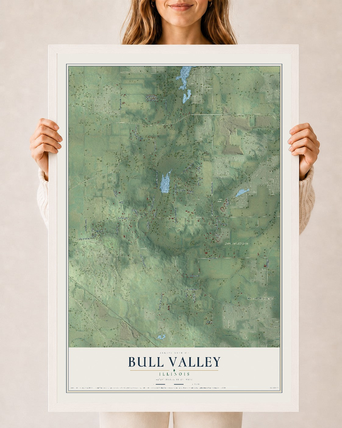 Map of Bull Valley, Illinois, 24 x 36 inch print in a white wood frame