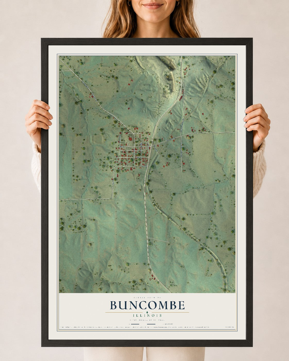 Map of Buncombe, Illinois, 24 x 36 inch print in a black wood frame