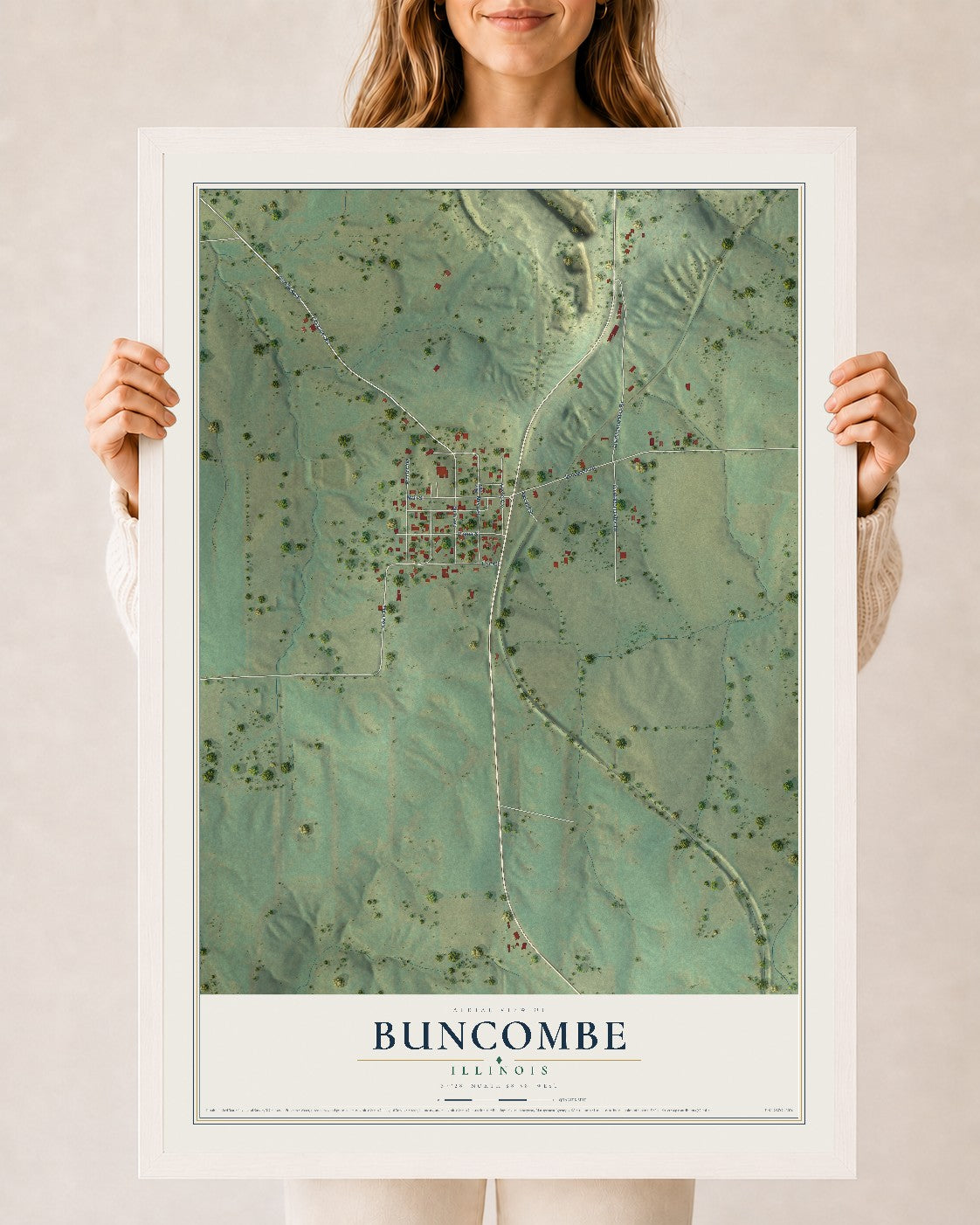 Map of Buncombe, Illinois, 24 x 36 inch print in a white wood frame