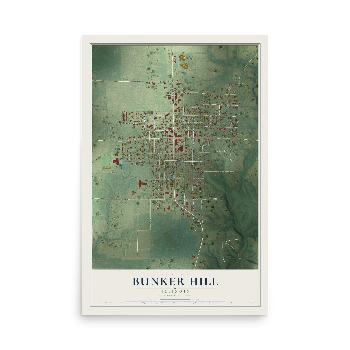 Map of Bunker Hill, Illinois, 12 x 18 inch unframed archival matte print