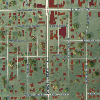 Close-up of the map of Bunker Hill, Illinois print showing street and building detail