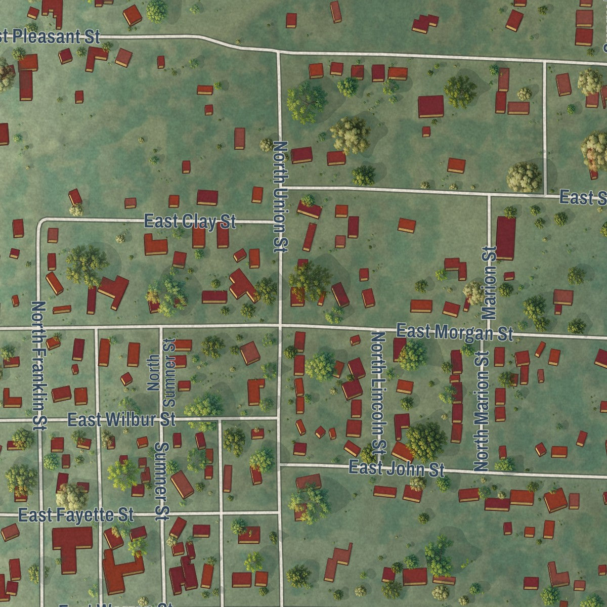 Second close-up of the map of Bunker Hill, Illinois print showing more streets and buildings
